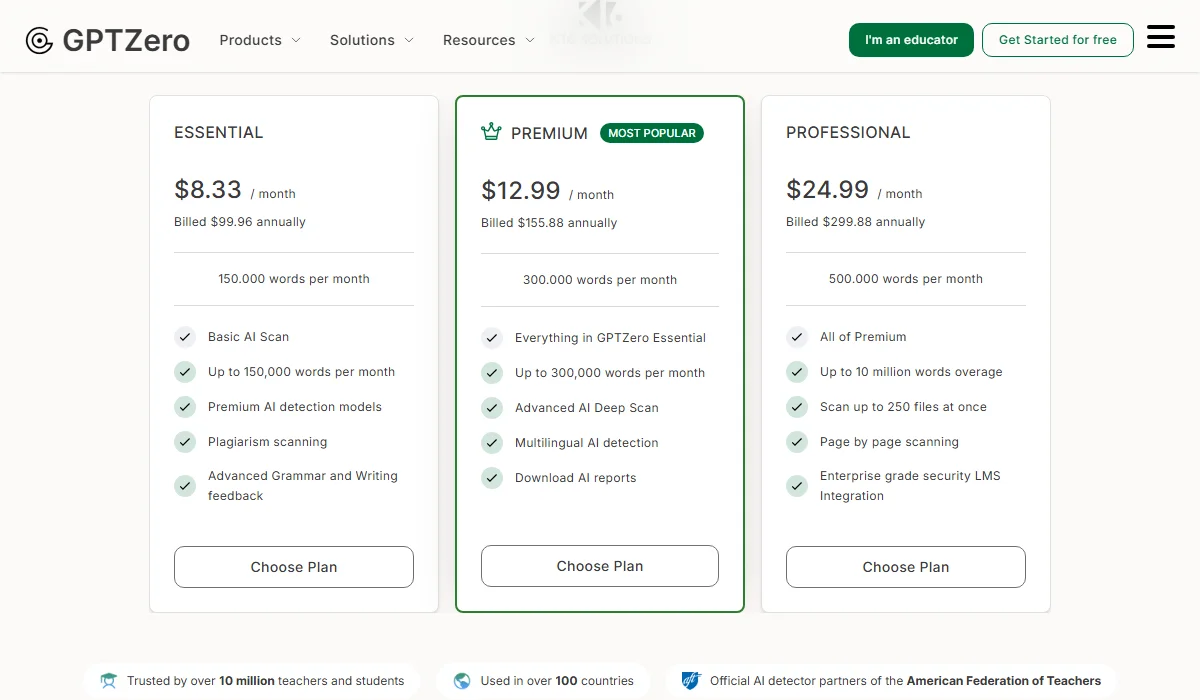 GPTZero Pricing Plan