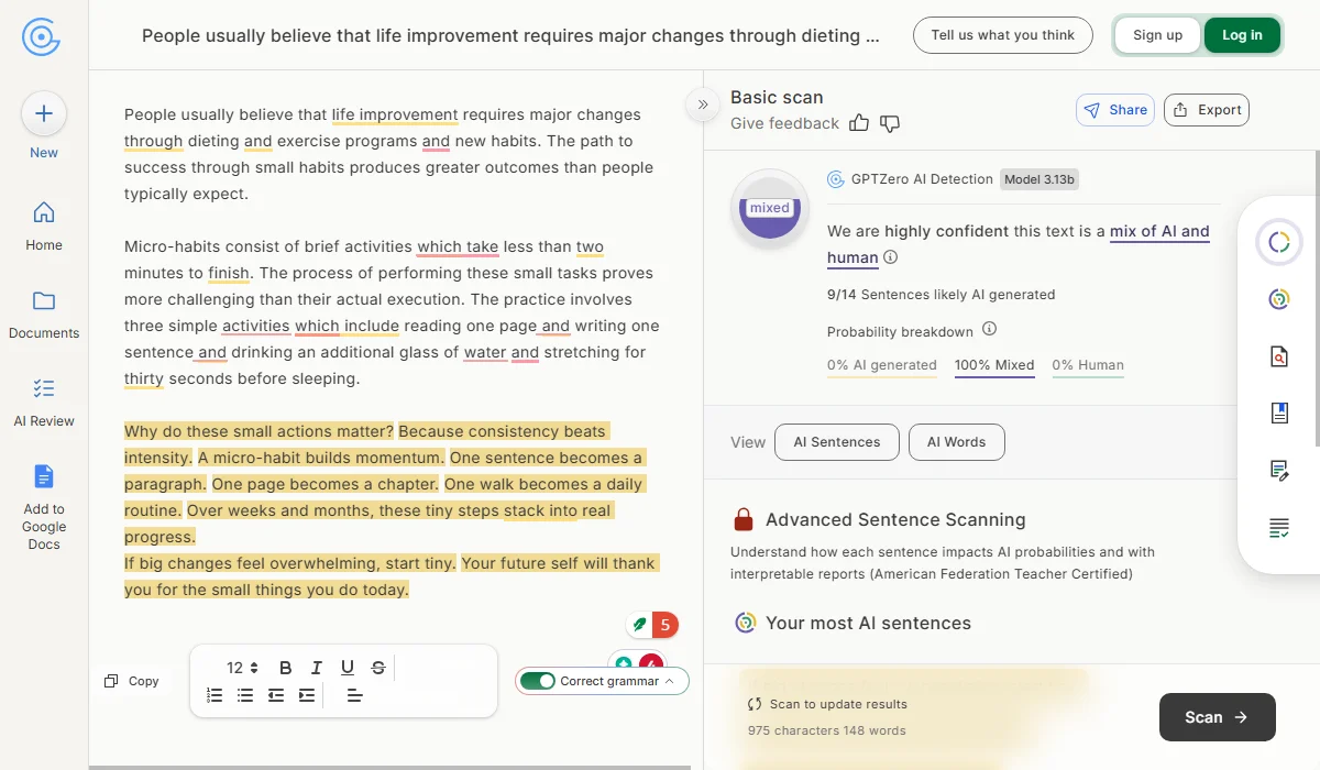 GPTZero successfully flagged disguised text as Mixed AI.