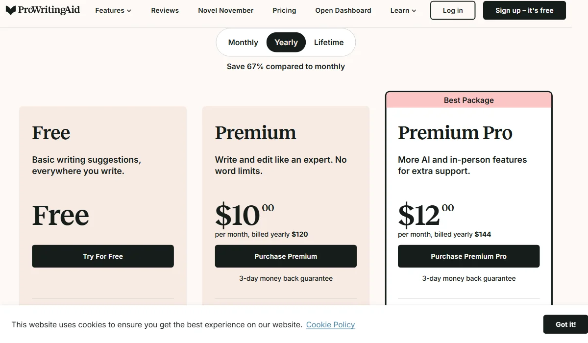 ProwritingAid's Yearly Pricing Plan