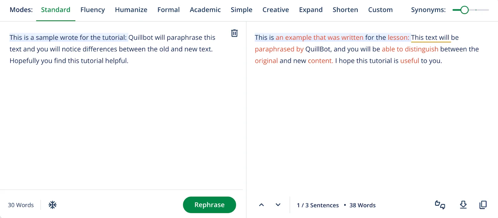 Quillbot allows precise control via the Synonym Slider.