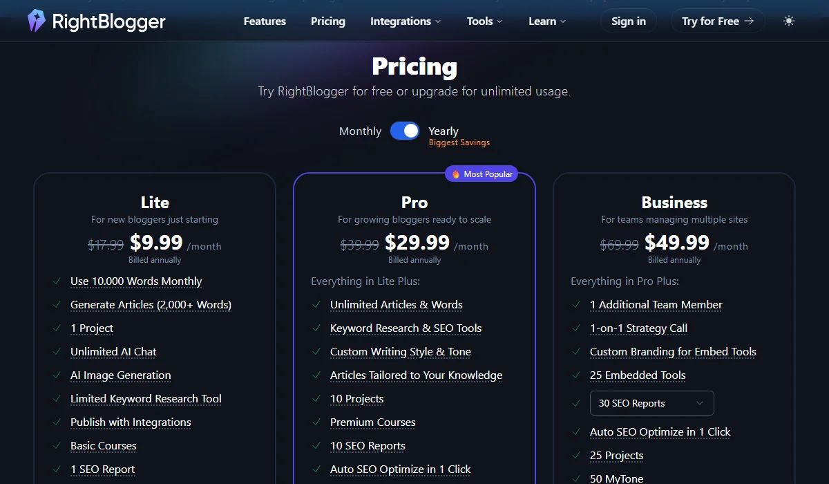 Rightblogger Pricing Plan