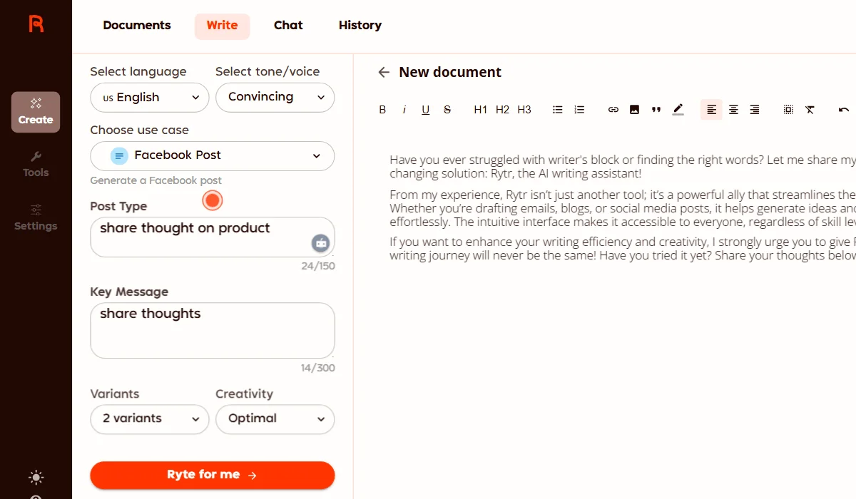 Rytr’s fast content generation with diverse but less detailed drafts