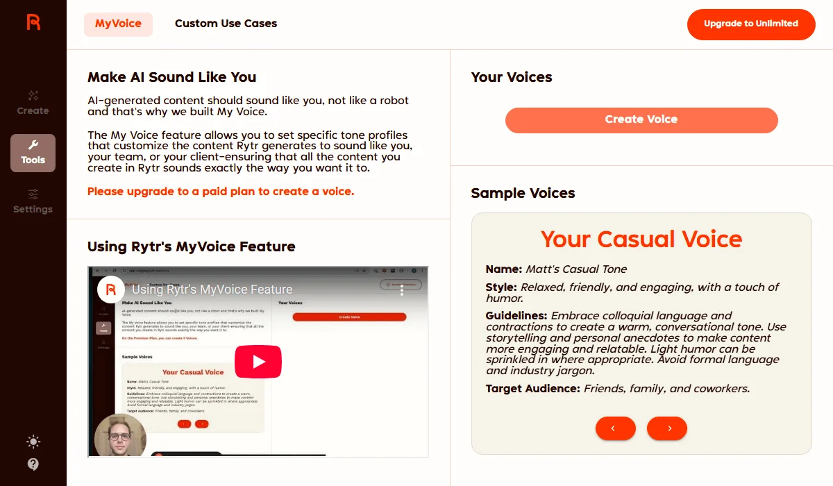 Rytr's "My Voice" for individual writers with customizable tones
