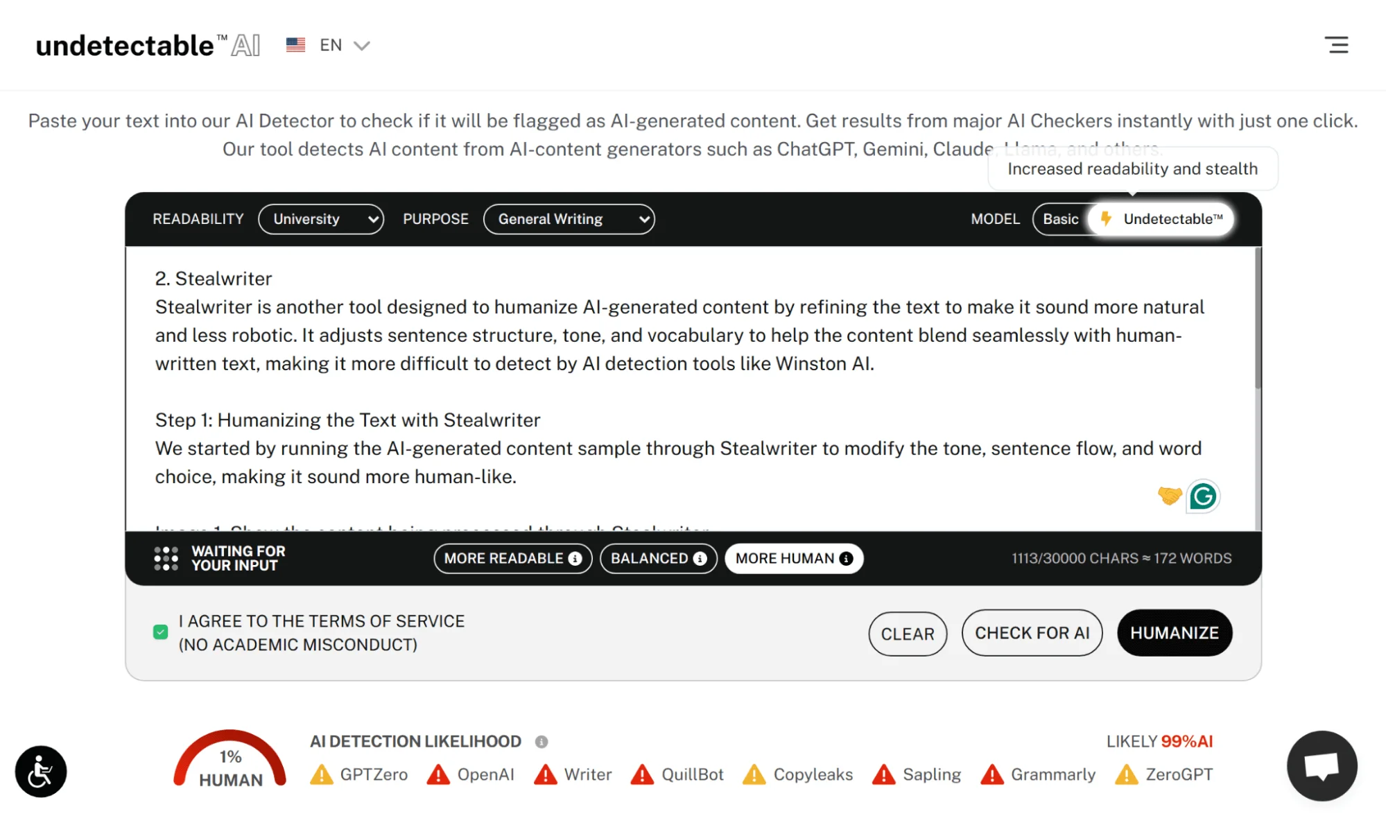 Undetectable AI alters syntax to bypass detection.