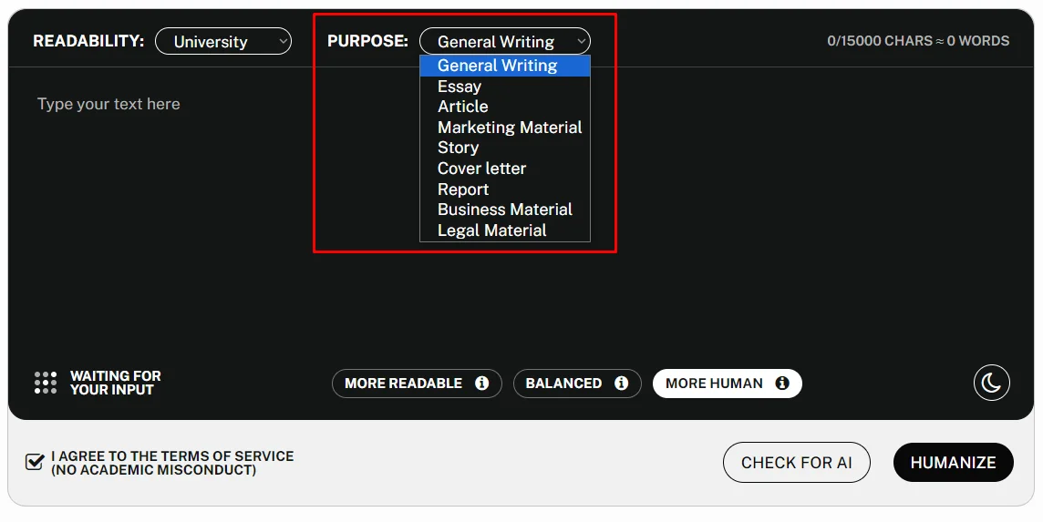 Undetectable AI adjusts tone via readability levels.