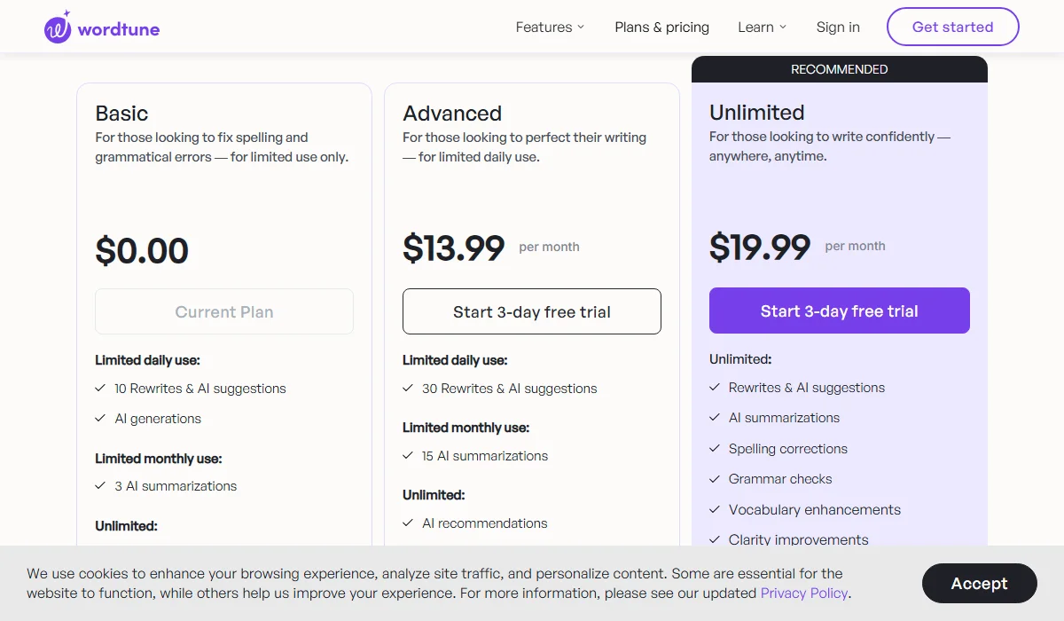 Wordtune-Pricing Plan