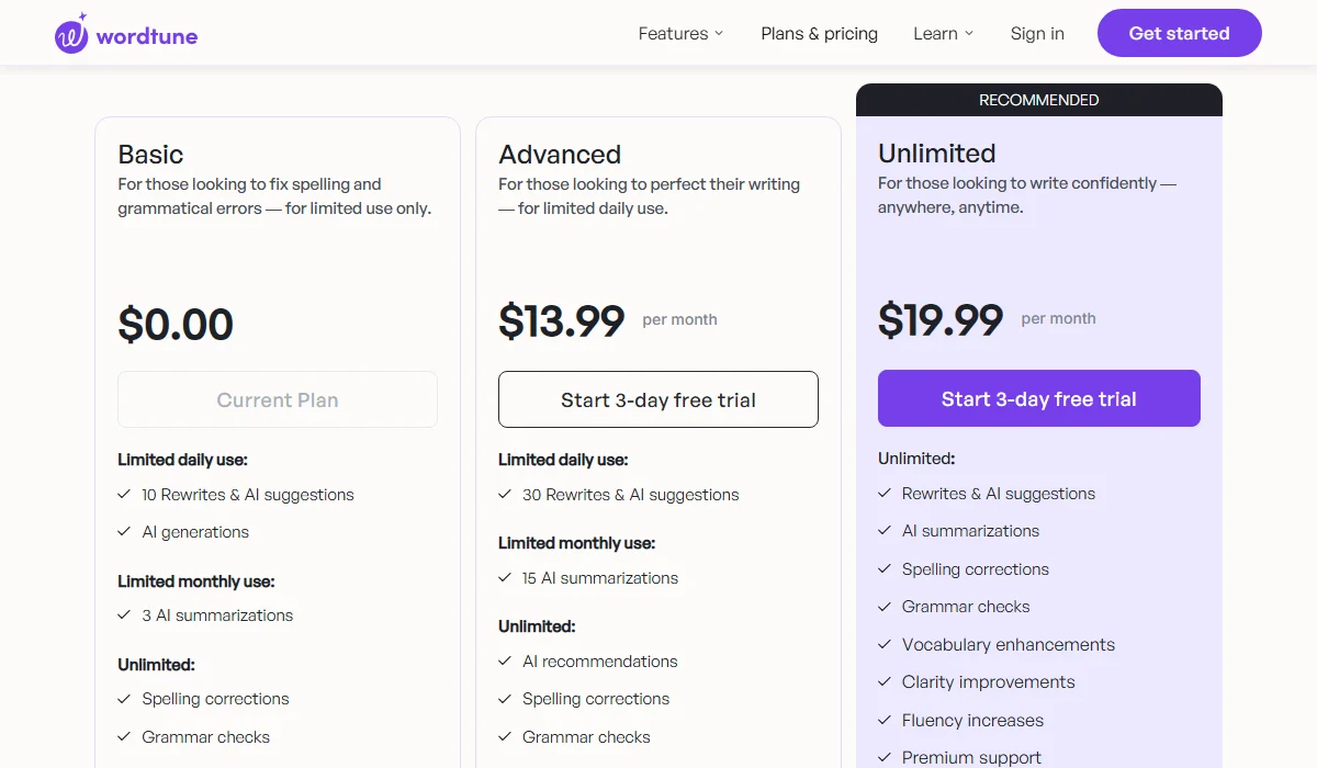 Wordtune Pricing Plan
