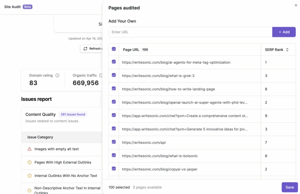 Writesonic provides a full SEO suite with deep integrations