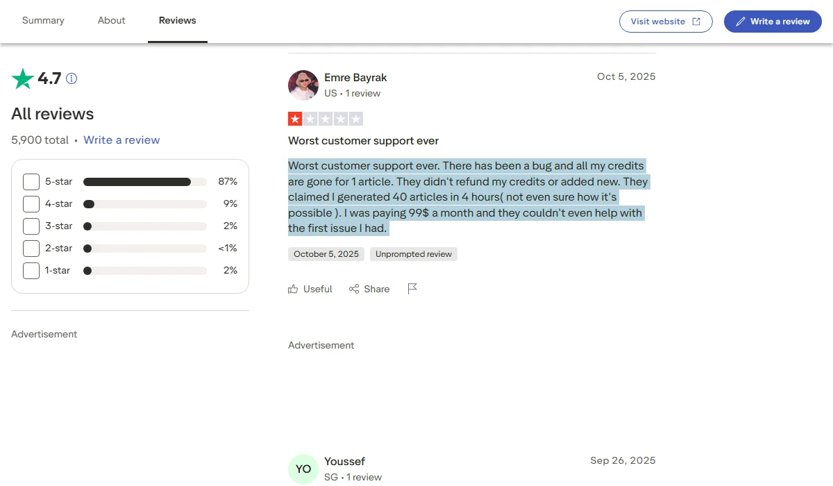A critical 1-star review citing bugs and poor support