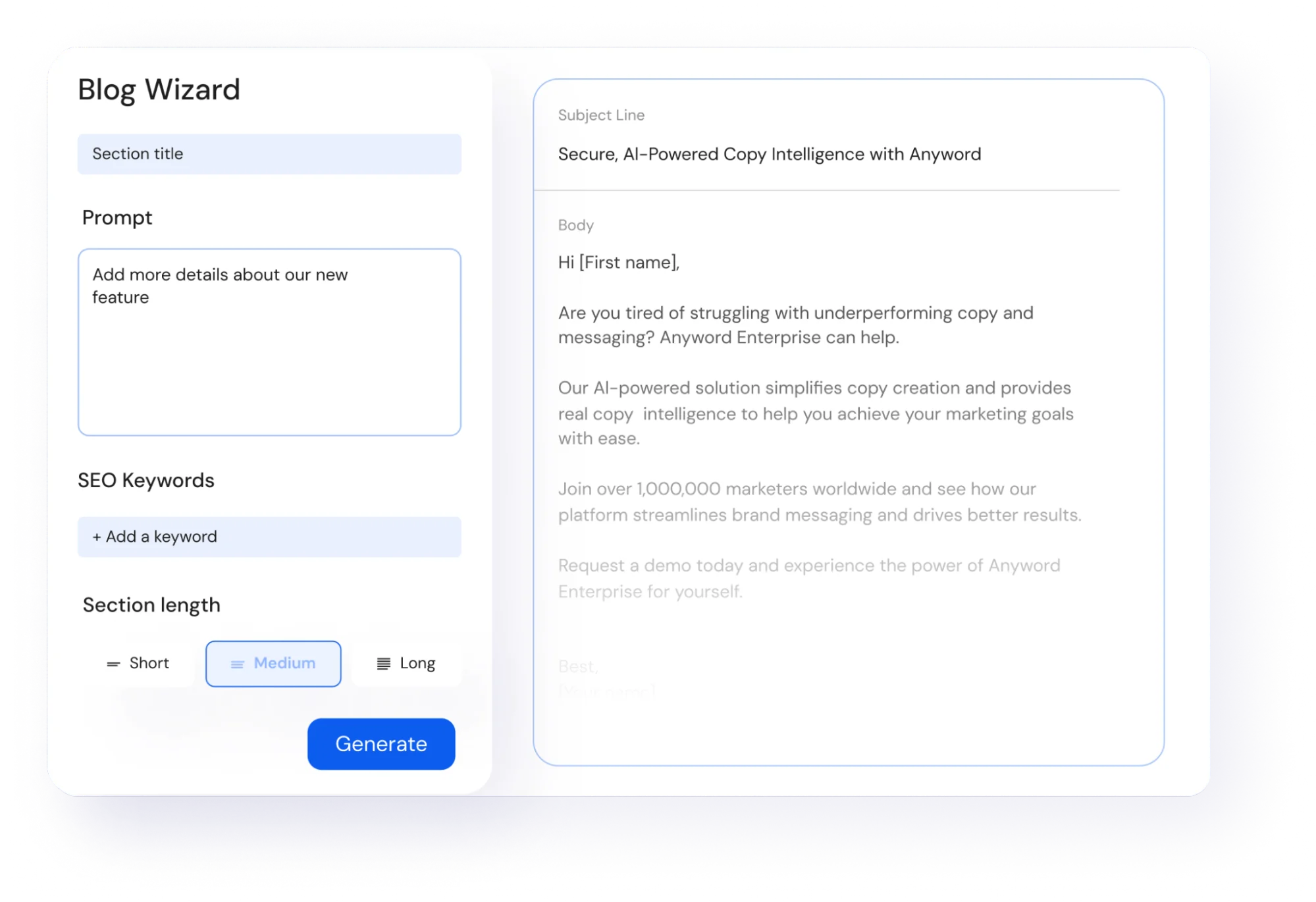  Anyword's Blog Wizard produces SEO-optimized content. 