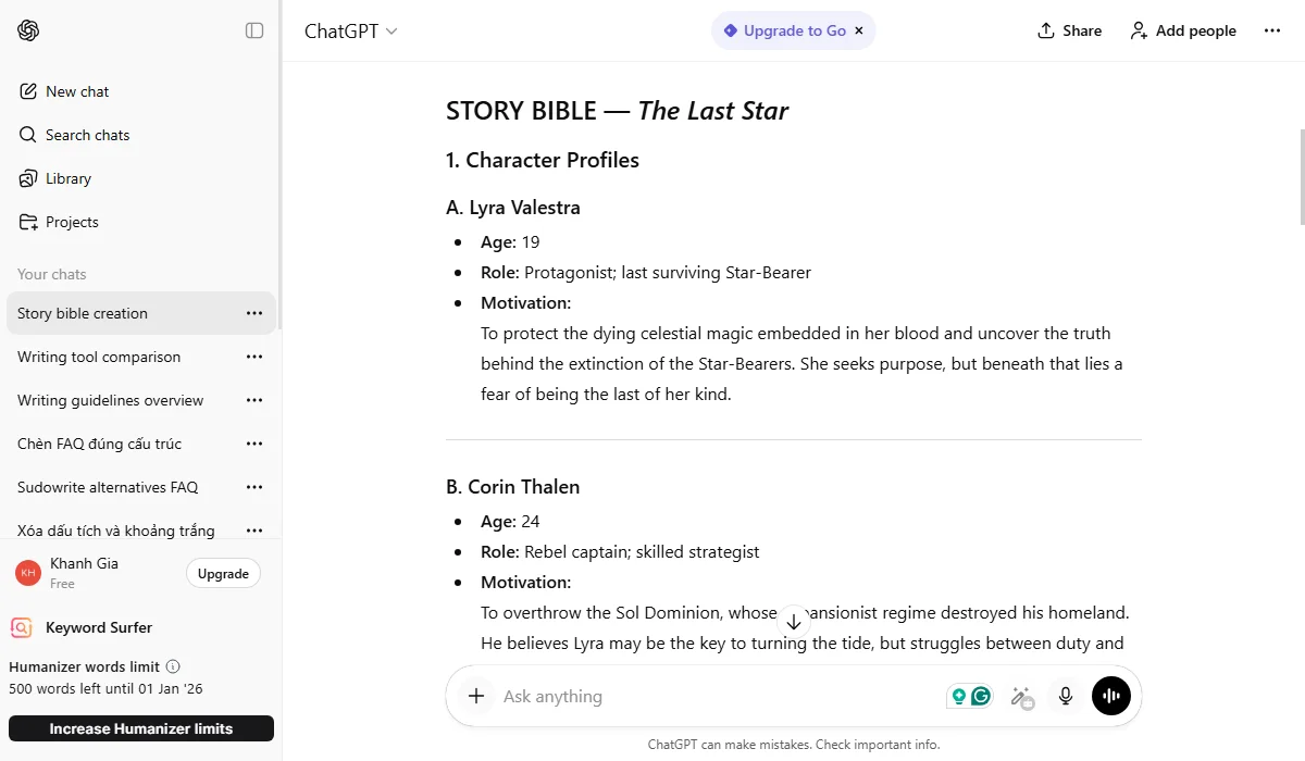 ChatGPT lacks a dedicated story structure for complex narratives.