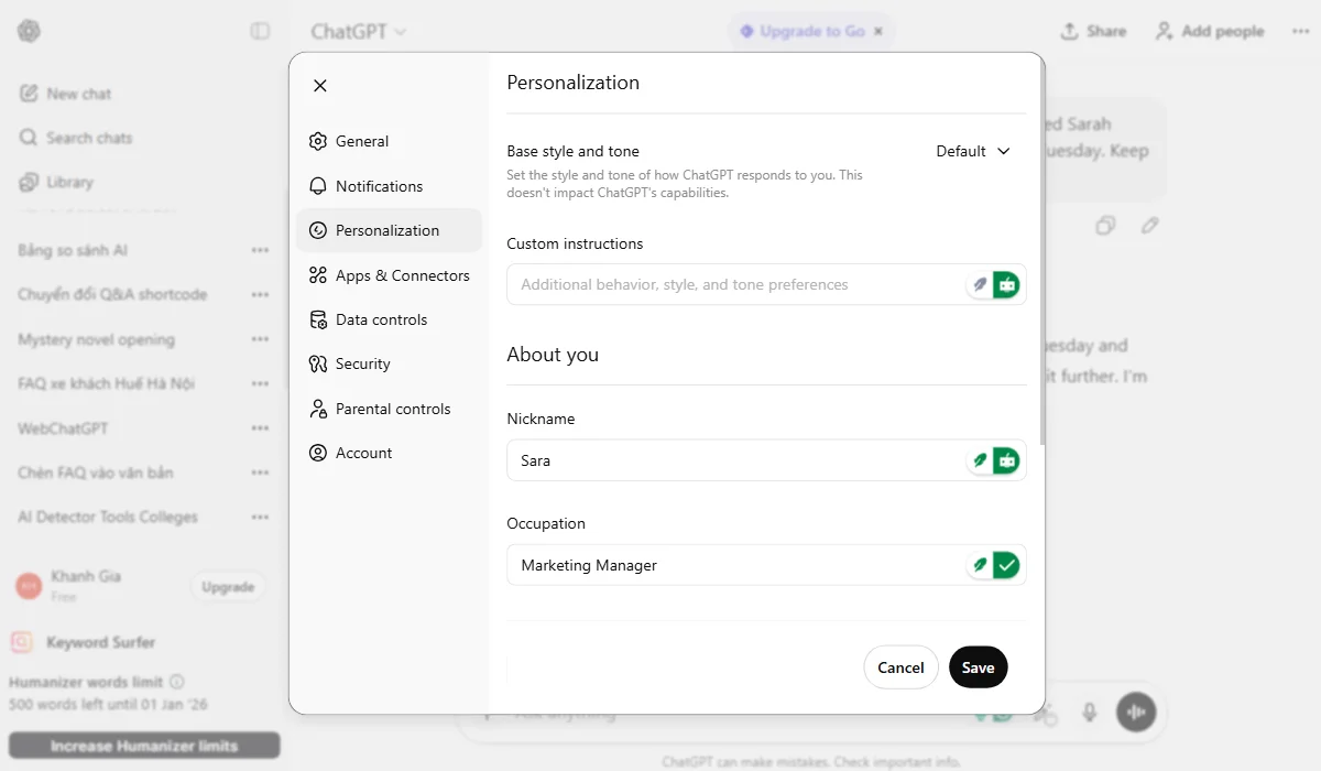 ChatGPT uses Memory and Custom GPTs for implicit personalization.