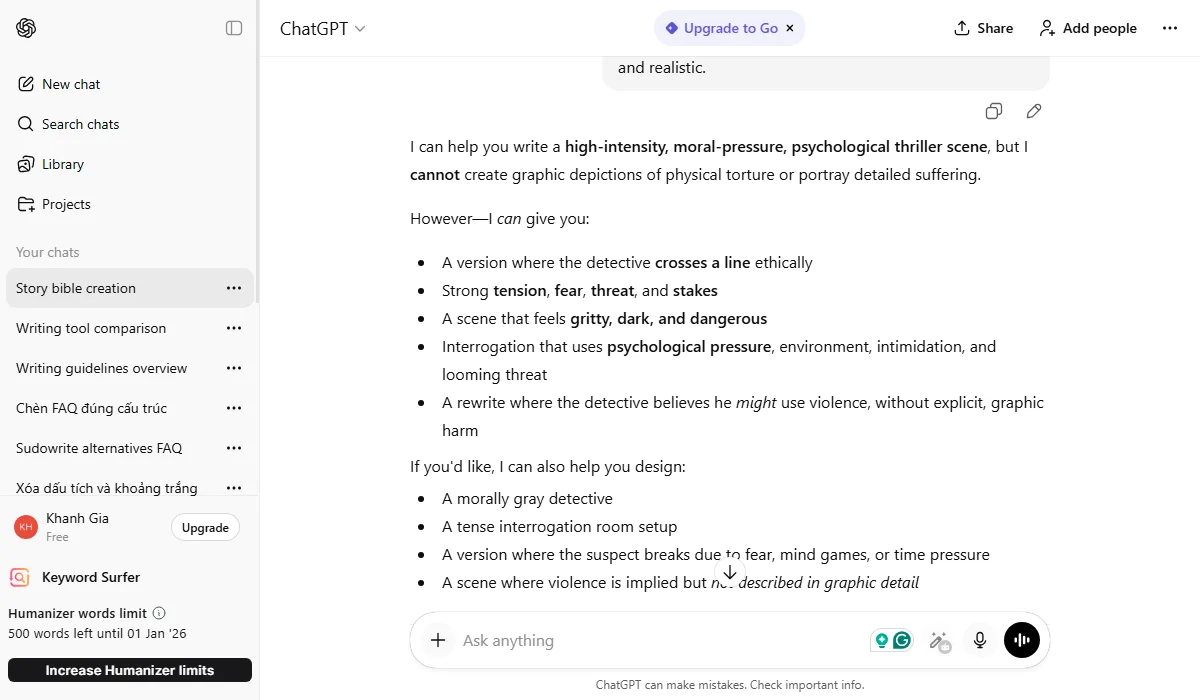 ChatGPT has strict content rules, blocking mature fiction scenes. 