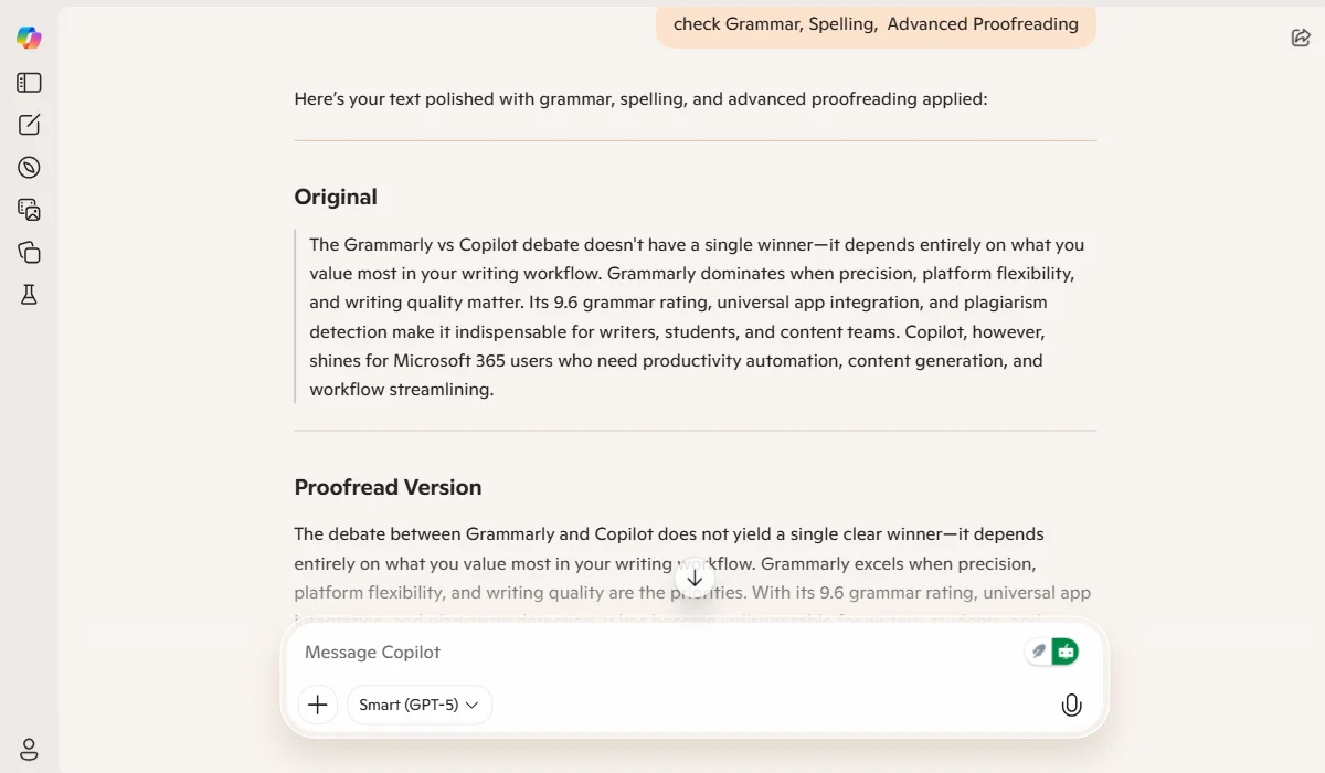 Copilot provides basic proofreading, lacking deep analysis.