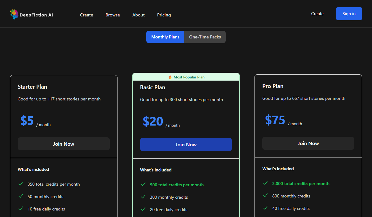 DeepFiction AI Pricing Plan