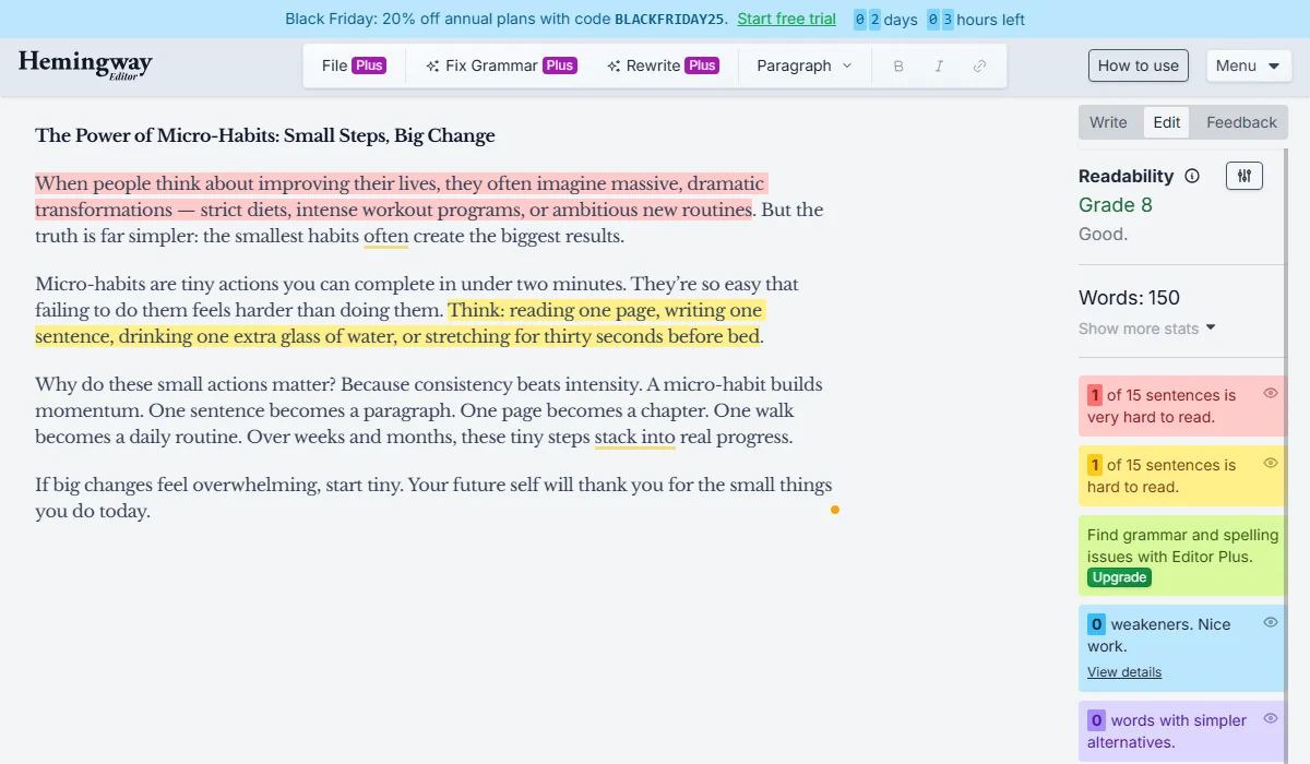 Hemingway Editor uses color codes to fix readability.