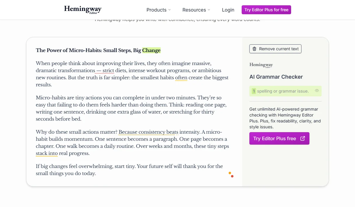 Hemingway Editor focuses on structure over grammar checks.