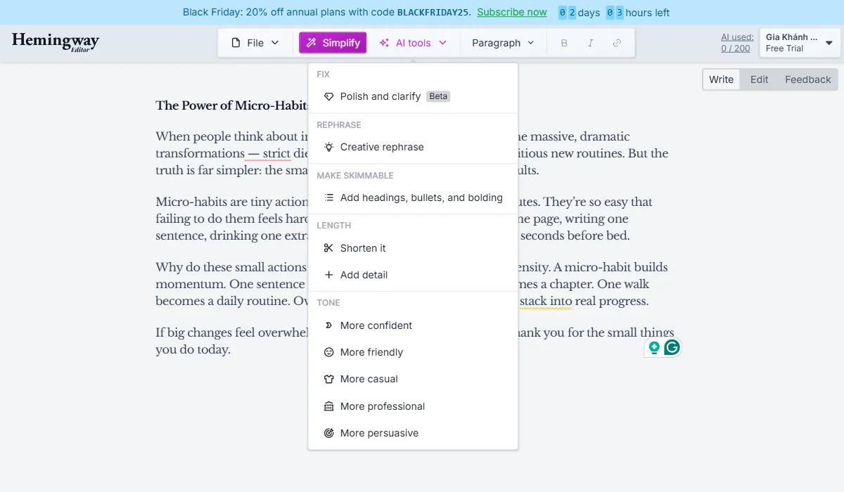 Hemingway Editor Plus AI focuses on sentence rewrites.