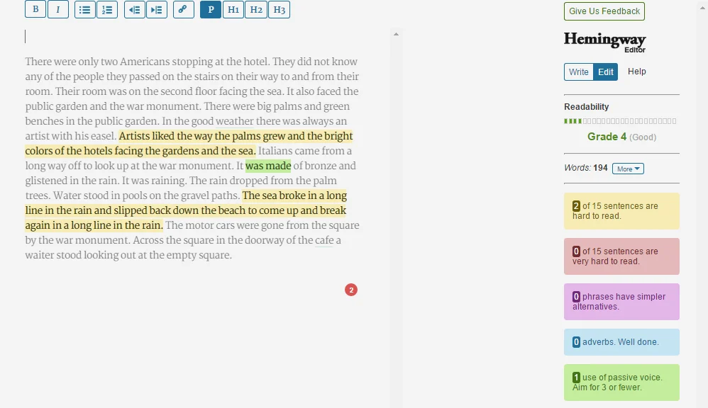 Hemingway Editor highlights text to improve readability.