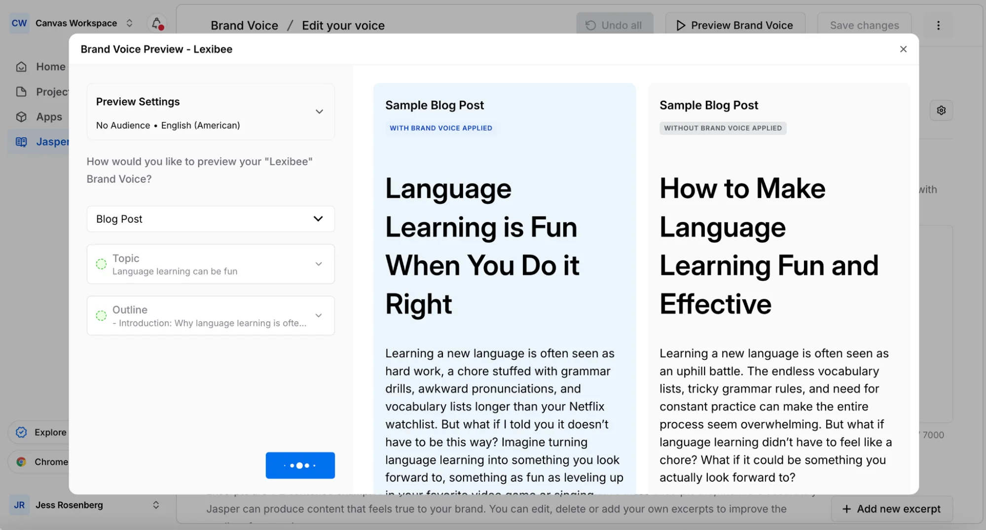 Jasper's Brand IQ manages multiple explicit brand voices for team consistency.