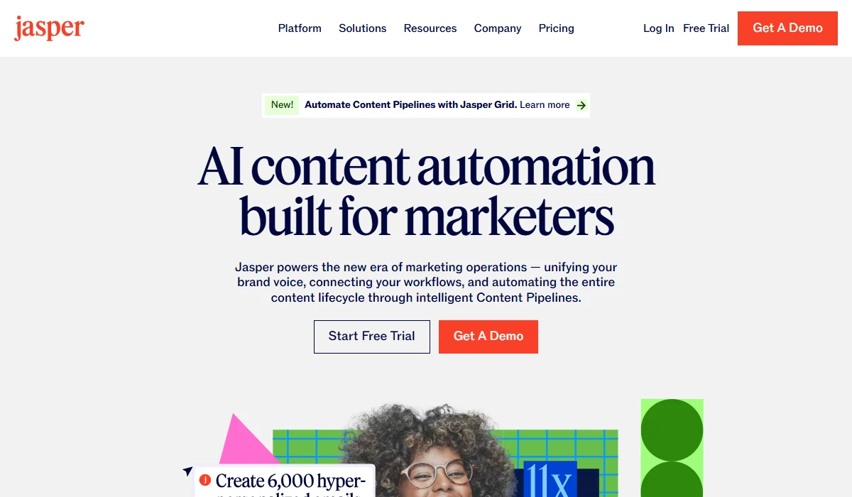 Jasper is an enterprise marketing platform with Brand IQ for team consistency. 