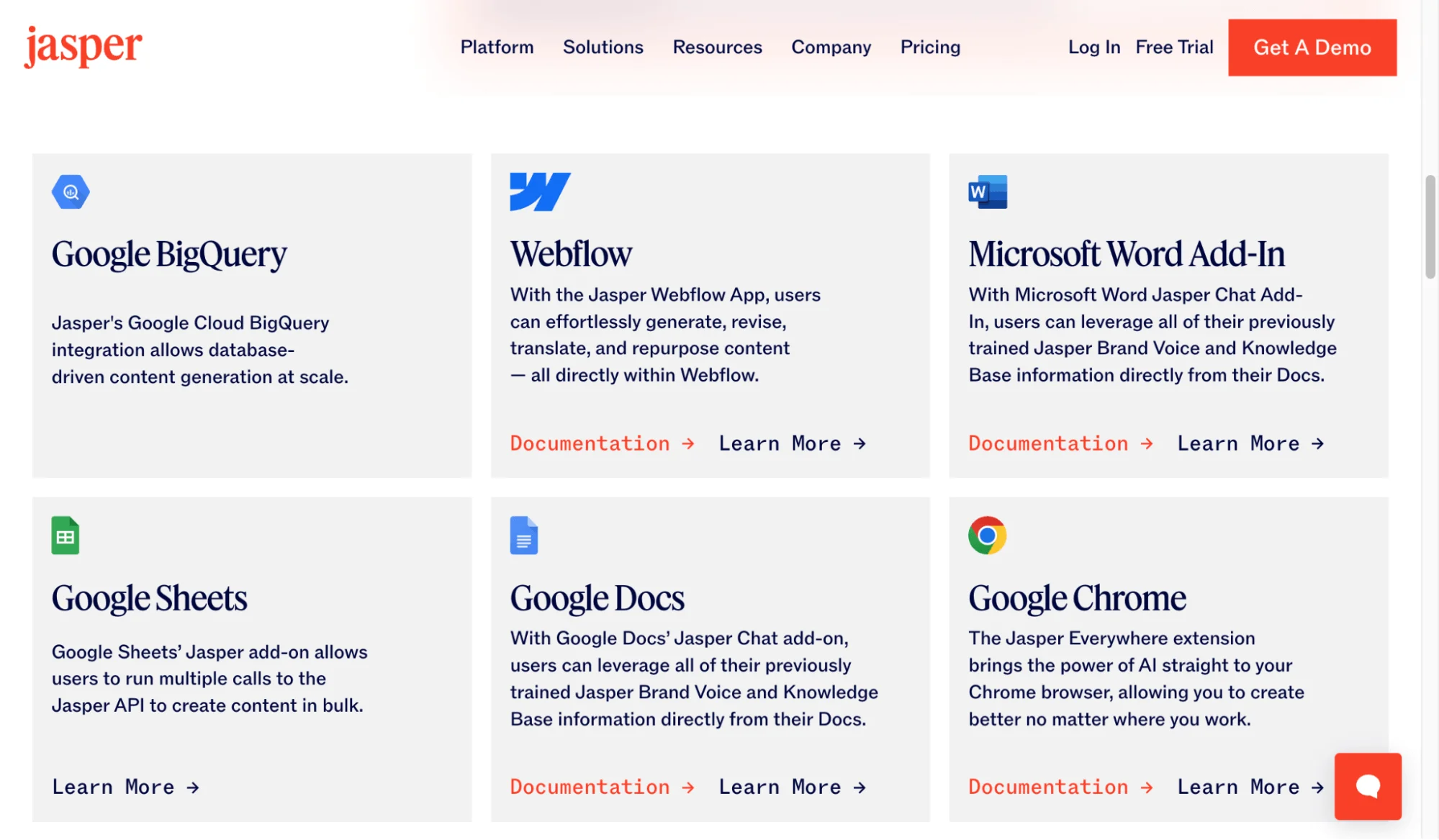Jasper offers a Chrome extension, API access, and connections to marketing platforms. 