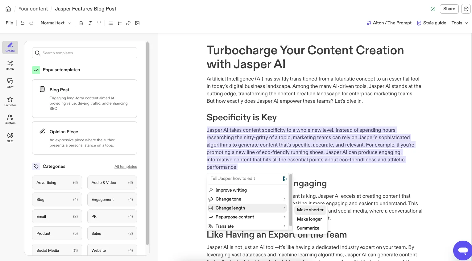 Jasper excels in specialized marketing templates and instant campaign generation. 