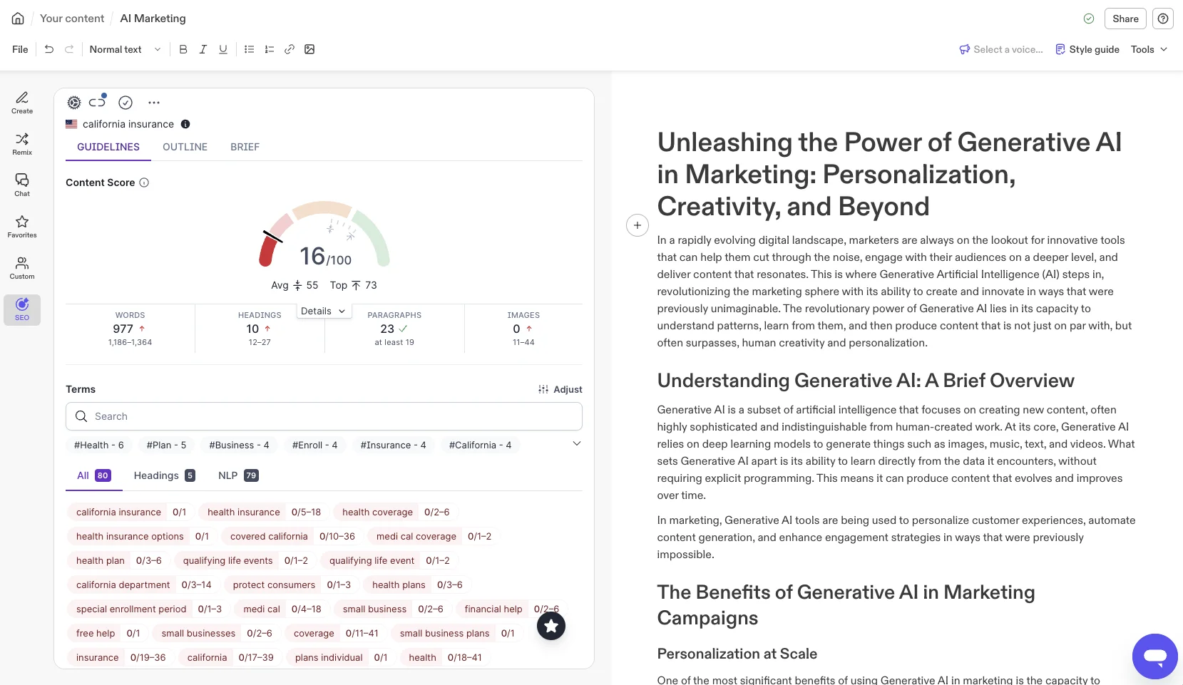 Jasper integrates with Surfer SEO for real-time content scoring and optimization.