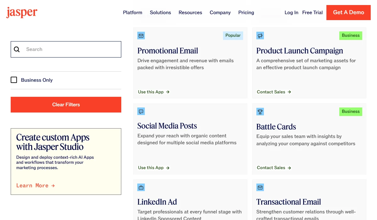 Jasper offers a comprehensive, complex workspace for team collaboration and campaigns.