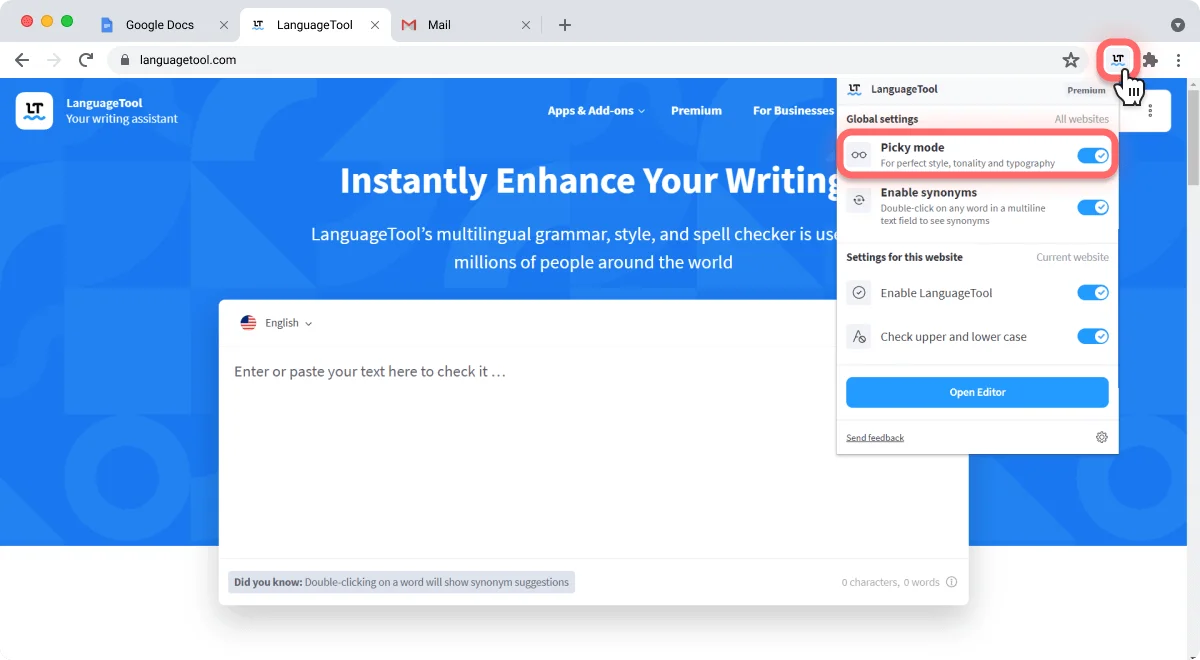 LanguageTool offers customization with picky mode and writing statistics tracking.