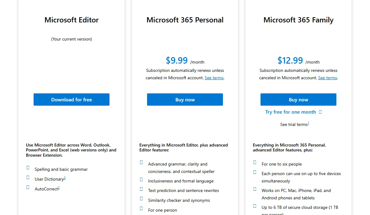 Microsoft Editor Pricing Plan