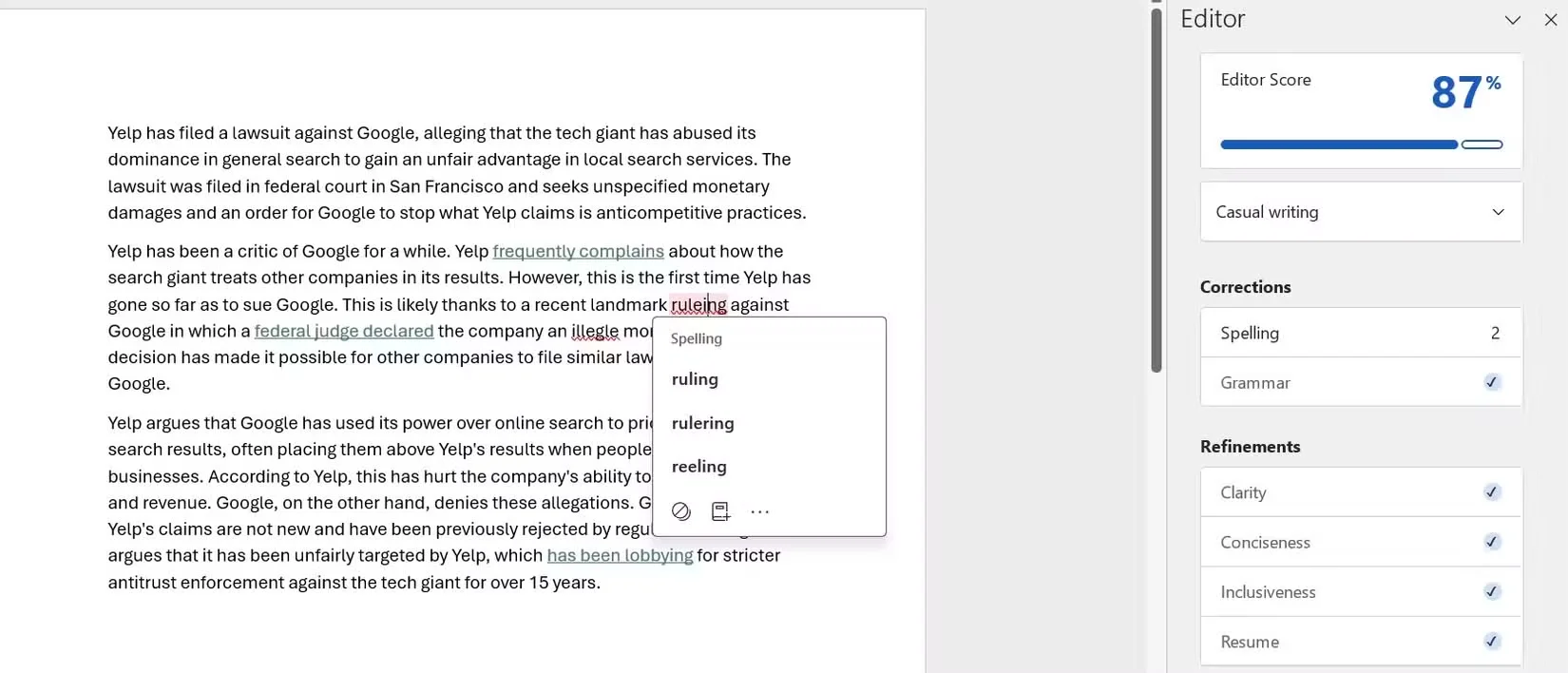 Microsoft Editor offers basic style suggestions. 