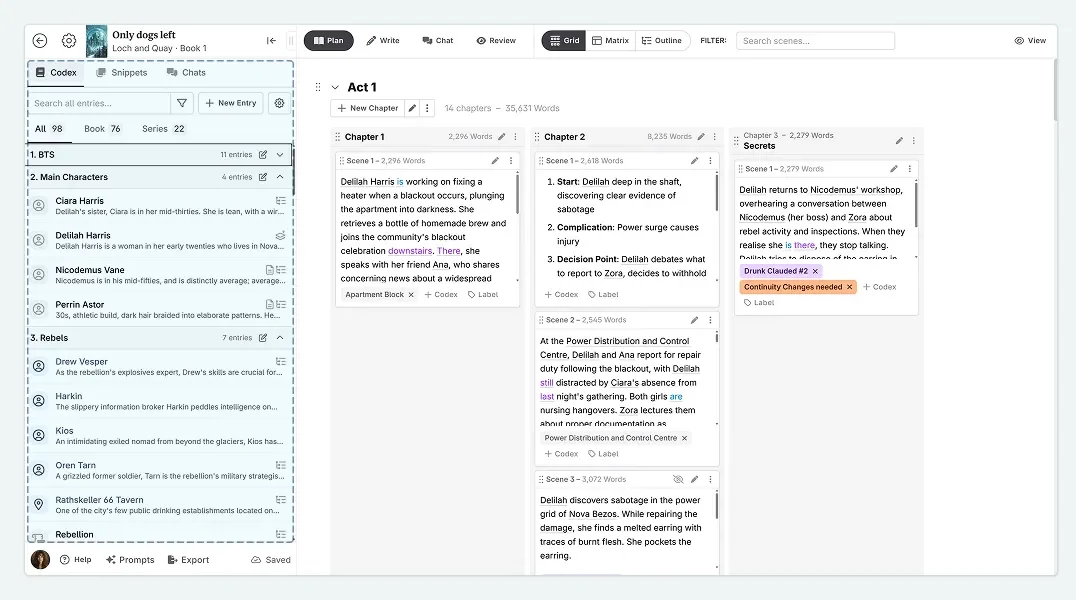 NovelCrafter's Codex automatically tracks characters and lore.