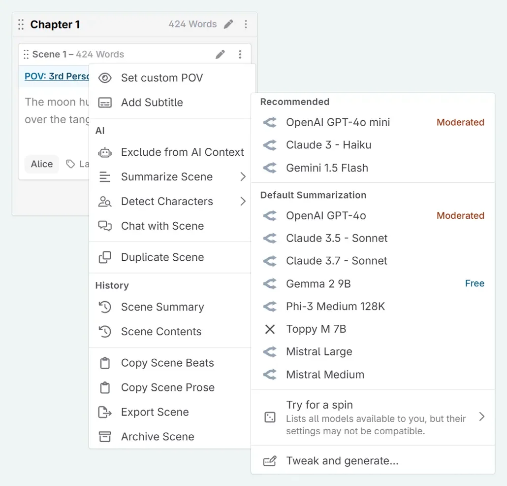 NovelCrafter offers full control with custom prompts and local AI.