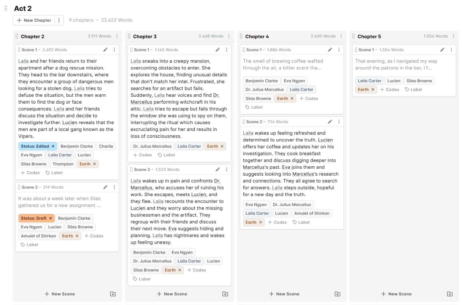 NovelCrafter features Grid, Matrix, and Outline plotting views.