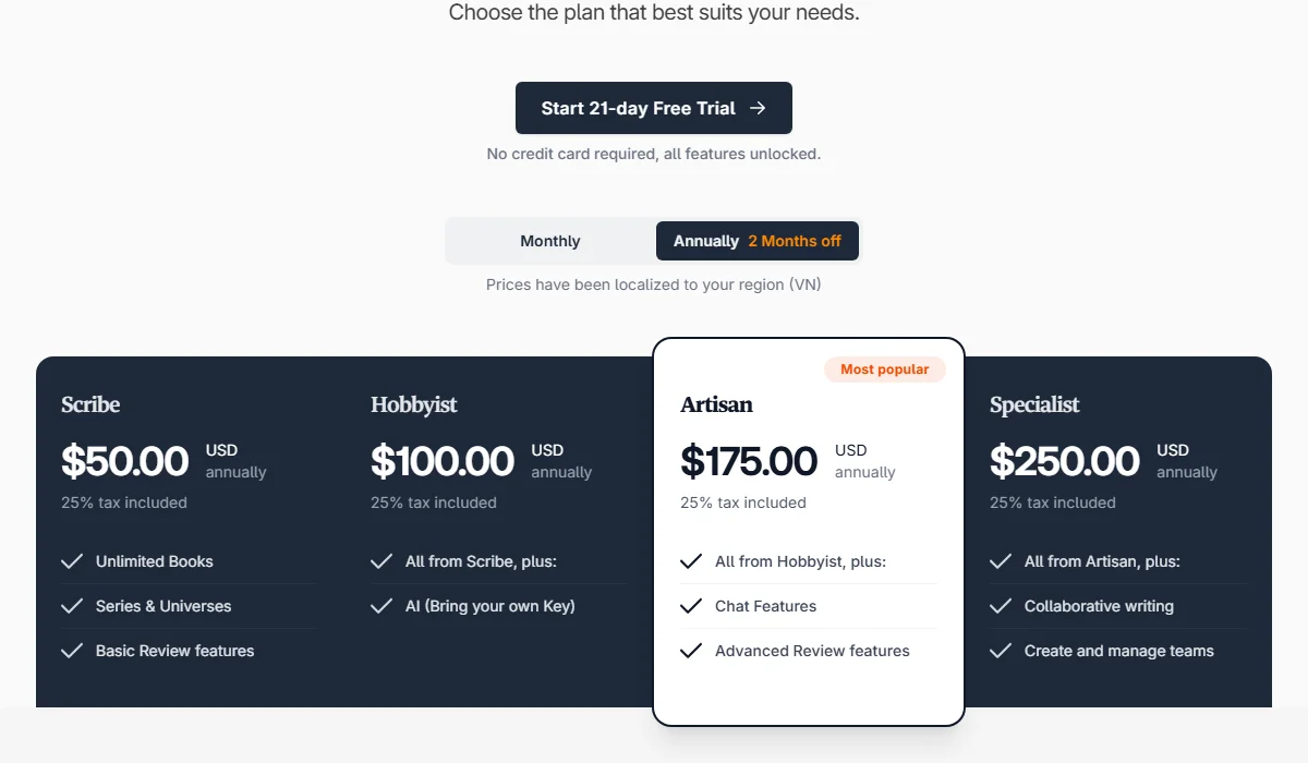 NovelCrafter Pricing Plan