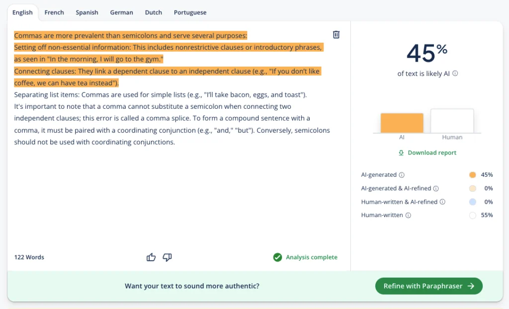 QuillBot AI detector with 76% consistent accuracy, high for raw AI text.
