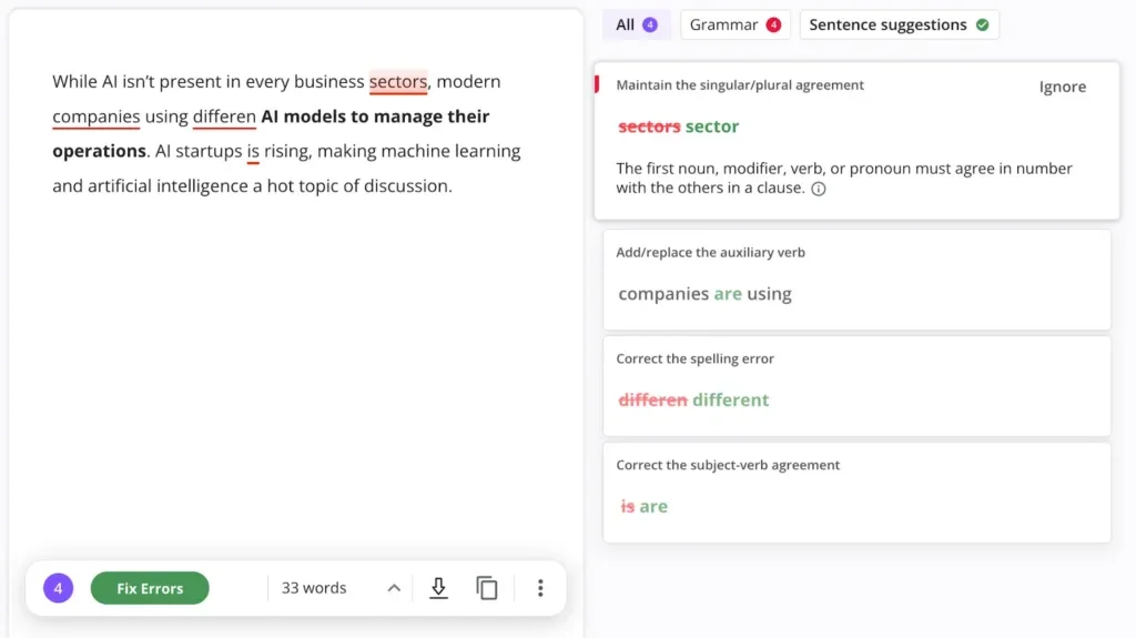 QuillBot's grammar checker supports seven languages with real-time corrections.