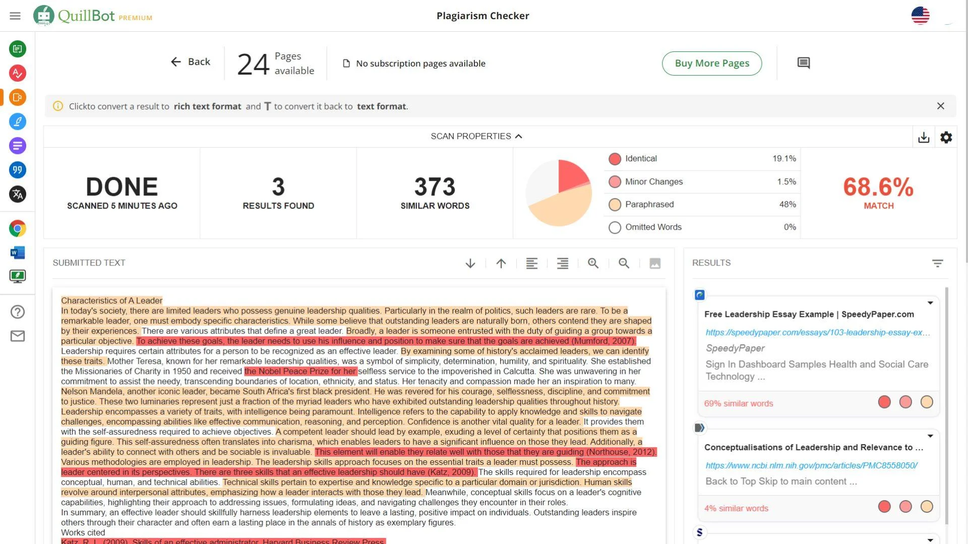 QuillBot plagiarism checker provides quality reports despite the restrictive page limit.