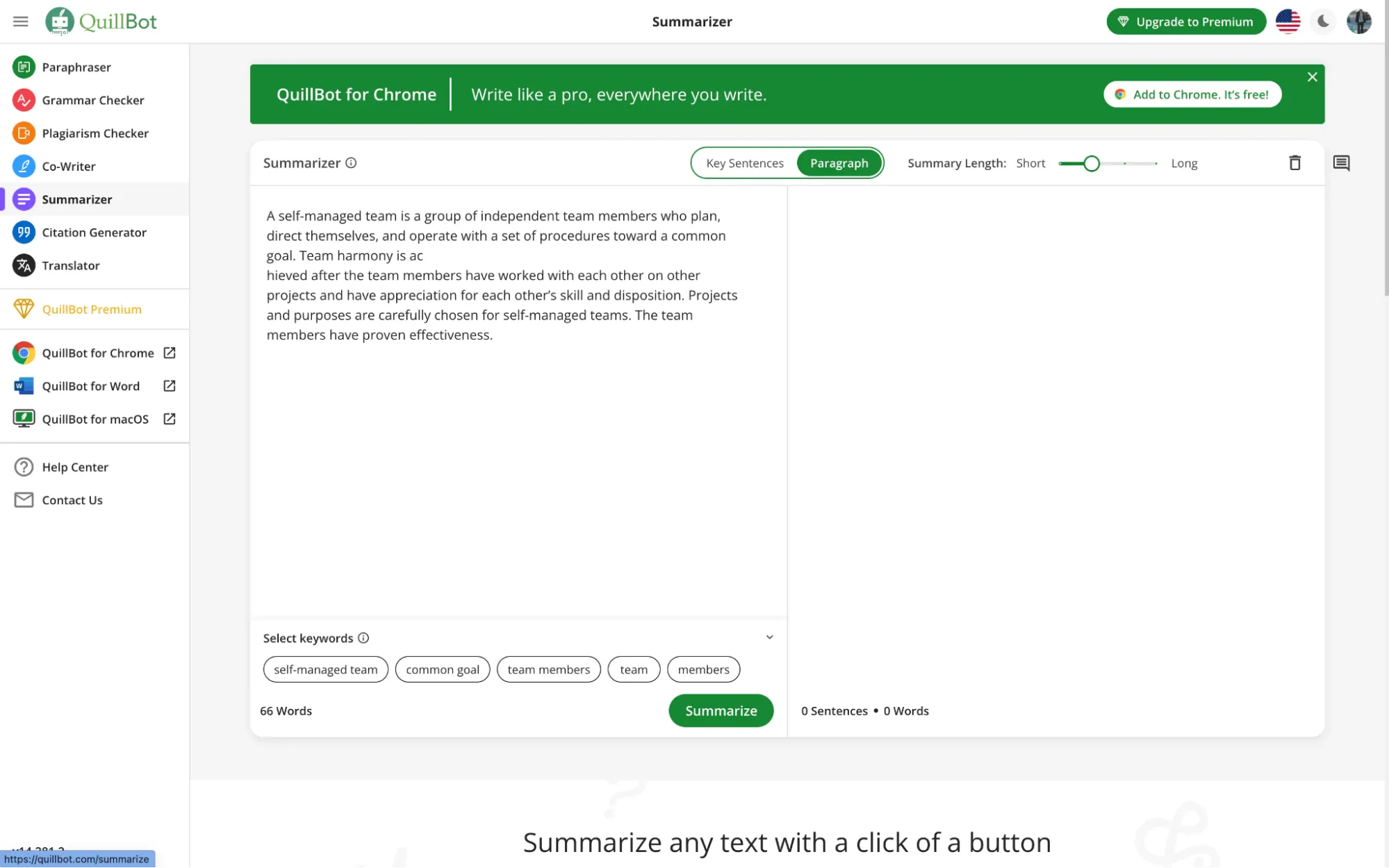 QuillBot offers unlimited text summarization with adjustable length for premium users.
