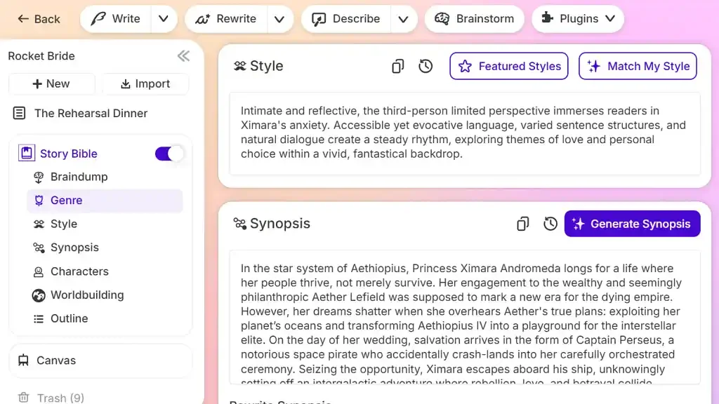 Sudowrite excels in long-form fiction using Story Bible and chapter generation.