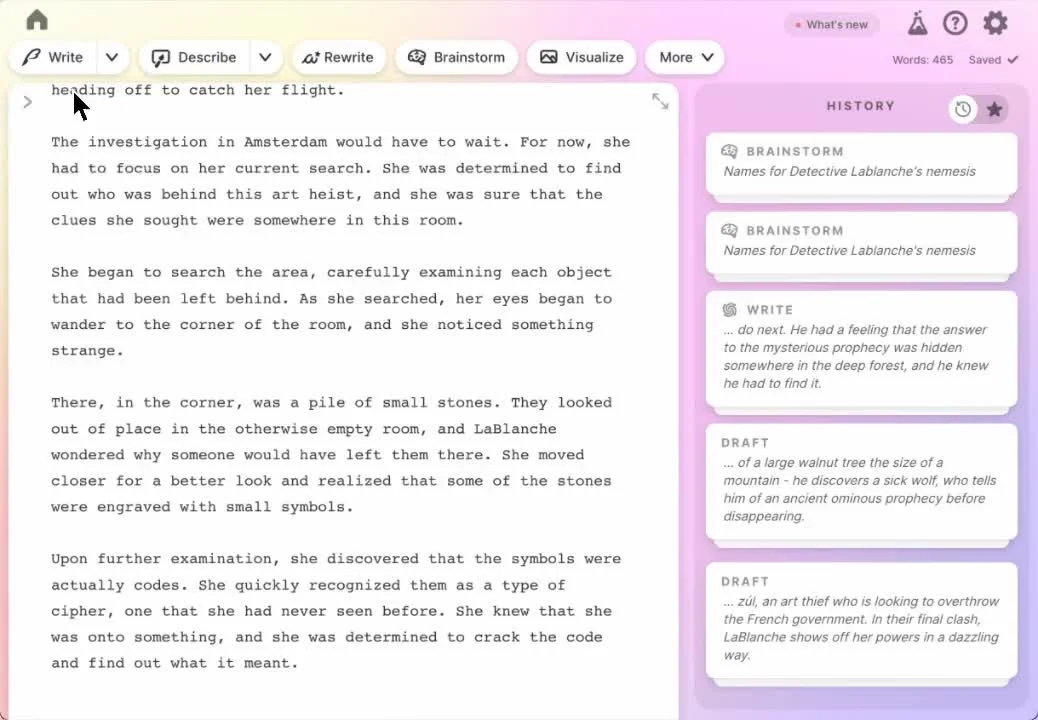 Sudowrite's rewrite/expand tools revise fiction with custom variations.