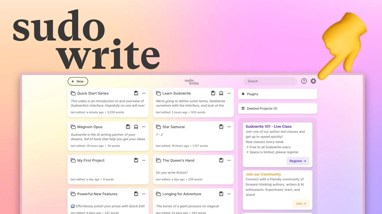 Sudowrite UI is a dedicated, structured creative workspace. 