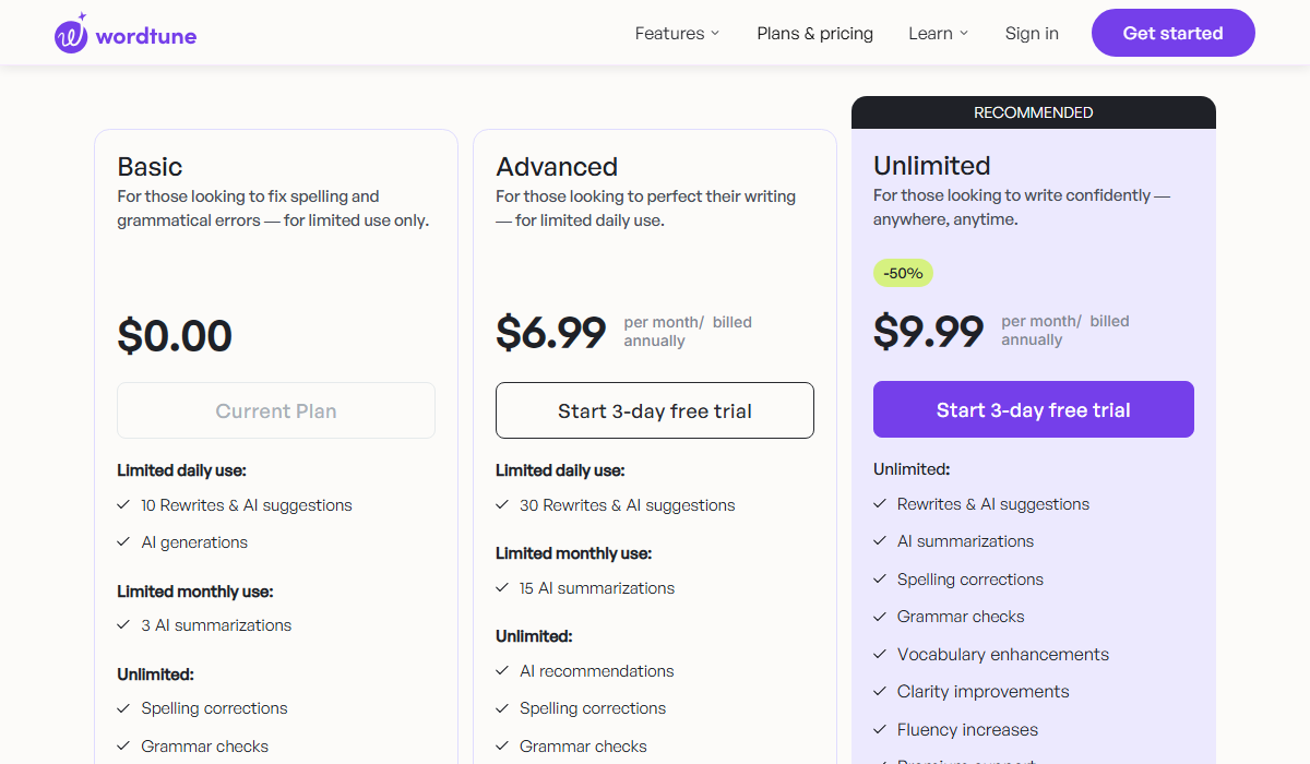 Wordtune Pricing Plan