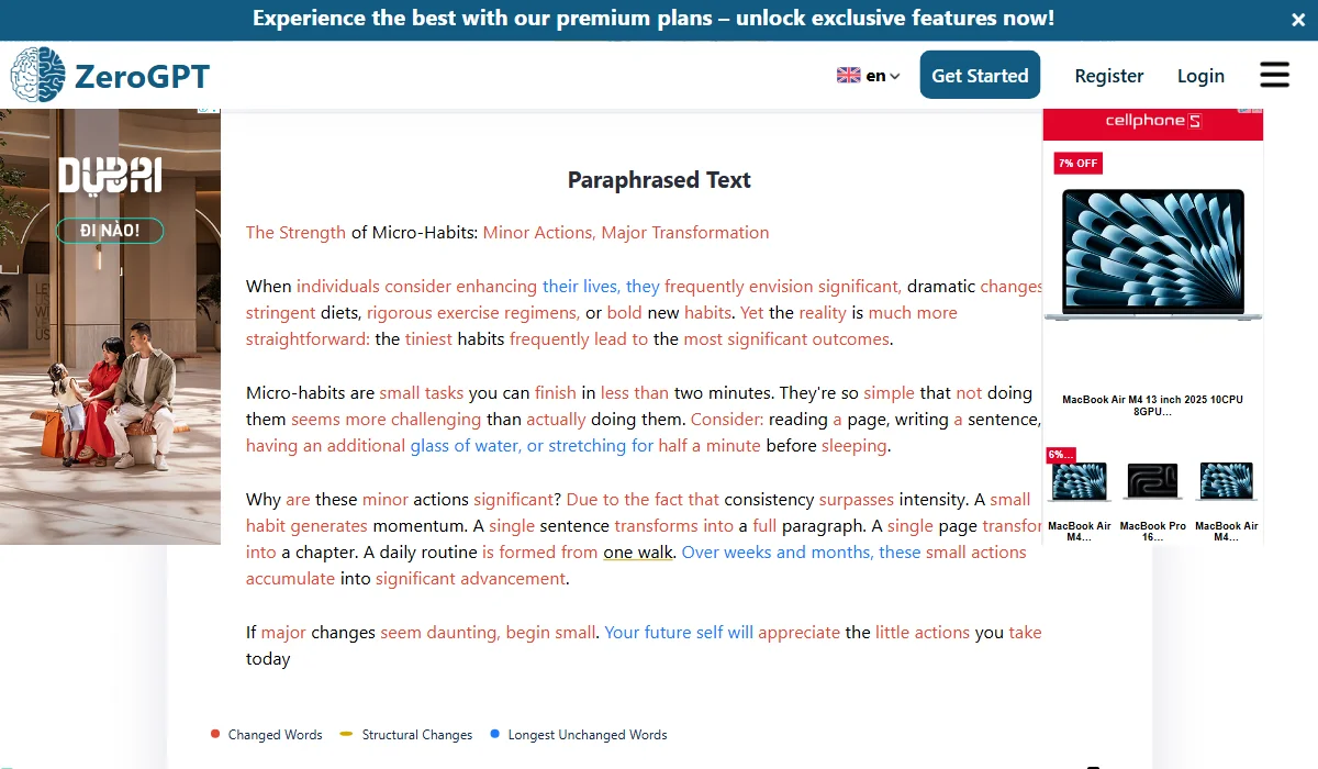 ZeroGPT paraphrasing is basic, limited, and lacks QuillBot's quality.
