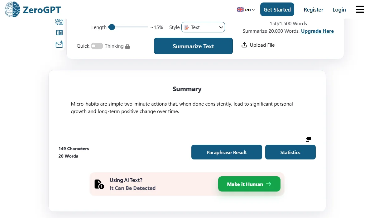 ZeroGPT's summarizer is limited; QuillBot offers unlimited, integrated access.
